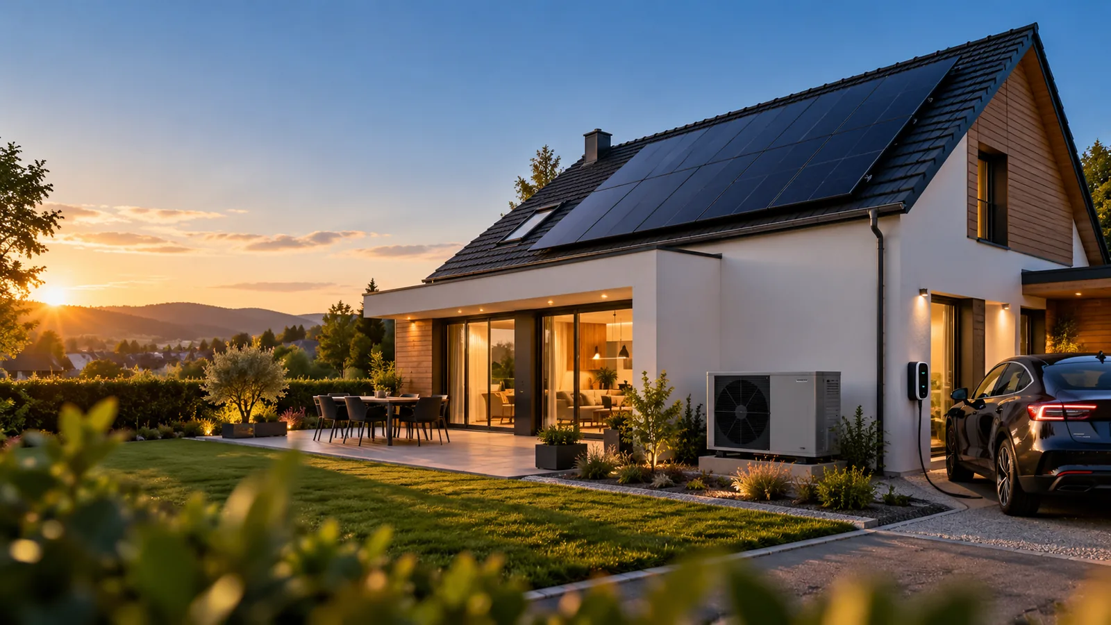 Illustration d’une maison équipée de panneaux solaires, d’une pompe à chaleur et d’une borne de recharge